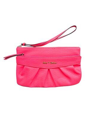Juicy Couture Shocking Pink Pleated Wristlet Gold Script Logo and Crown Lining